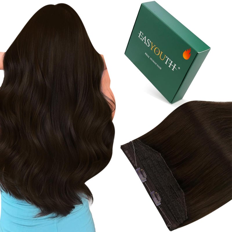 Easyouth Invisible Wire Hair Extensions Dark Brown Wire Hair Extensions Real Human Hair Dark Brown Invisible Fish Line Hair Extension for Short Straight Hair 70g 12 Inch - Image 1